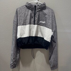 💗 PINK Cropped Long Sleeve Hoodie – Gray, White & Black – SZ M ✨